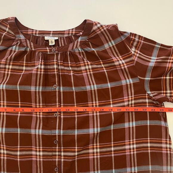 a.n.a. Womens Peasant Blouse 0X XL Plaid Boho Cottage Button Brown Cotton Puff - Picture 7 of 9
